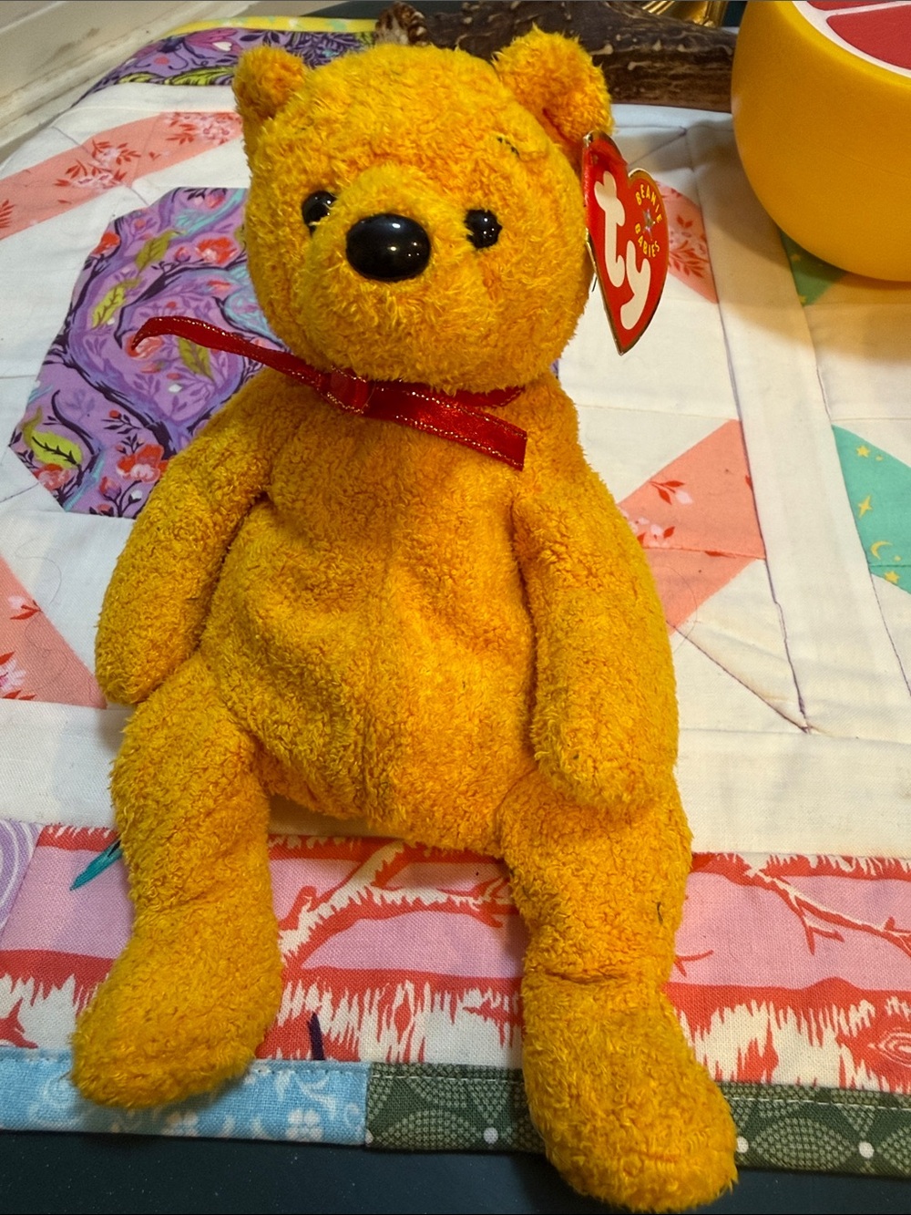Ty Orange poopsie Plush Teddy Bear with Red Bow